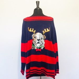 Pug Christmas Sweater navy blue and red